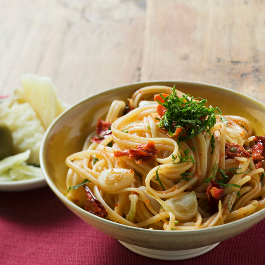 Spaghetti With Semi-Dried Red Rustic Roasted Tomatoes
