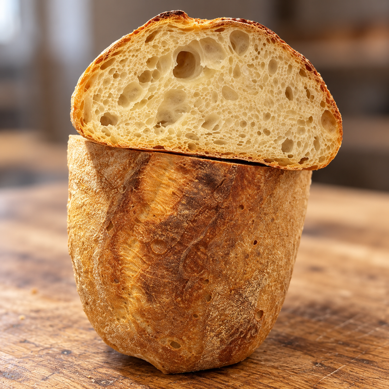 Close-up of a rustic semolina bread with a golden crumb and crunchy crust