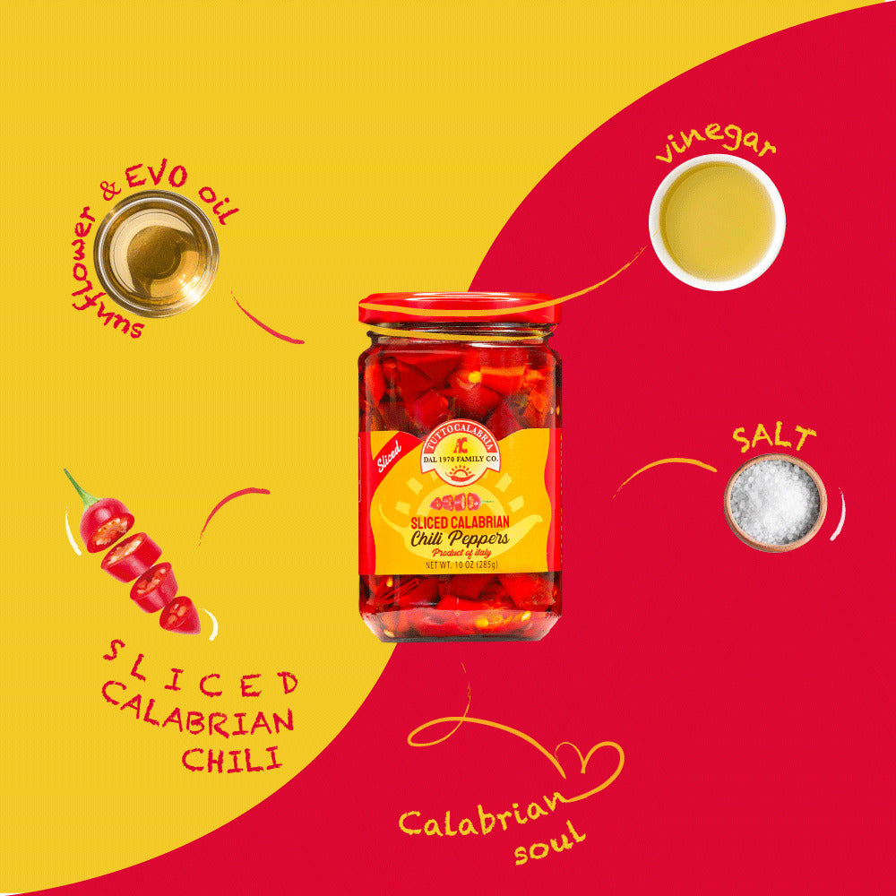 Jar of sliced Calabrian chili peppers with ingredients on a yellow and red background