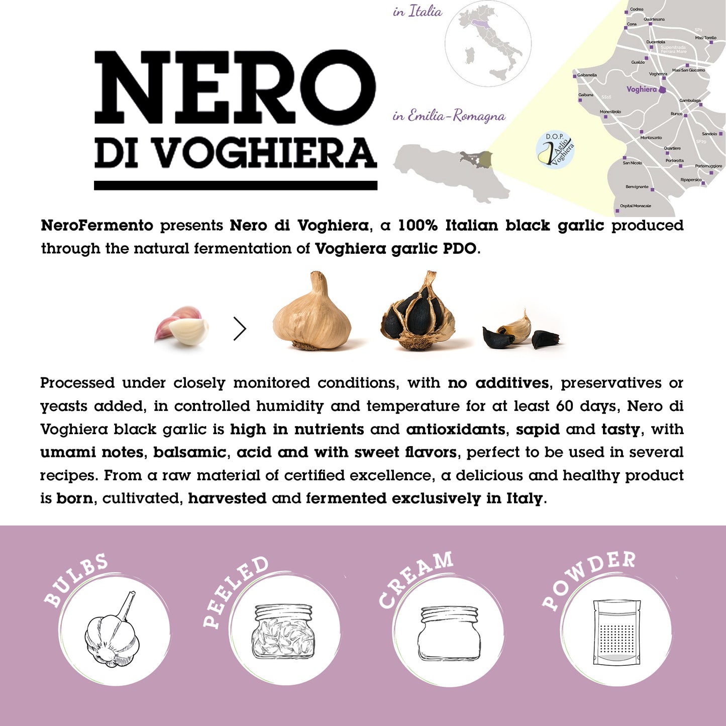 Advertisement for Nero di Voghiera black garlic with product images and text.