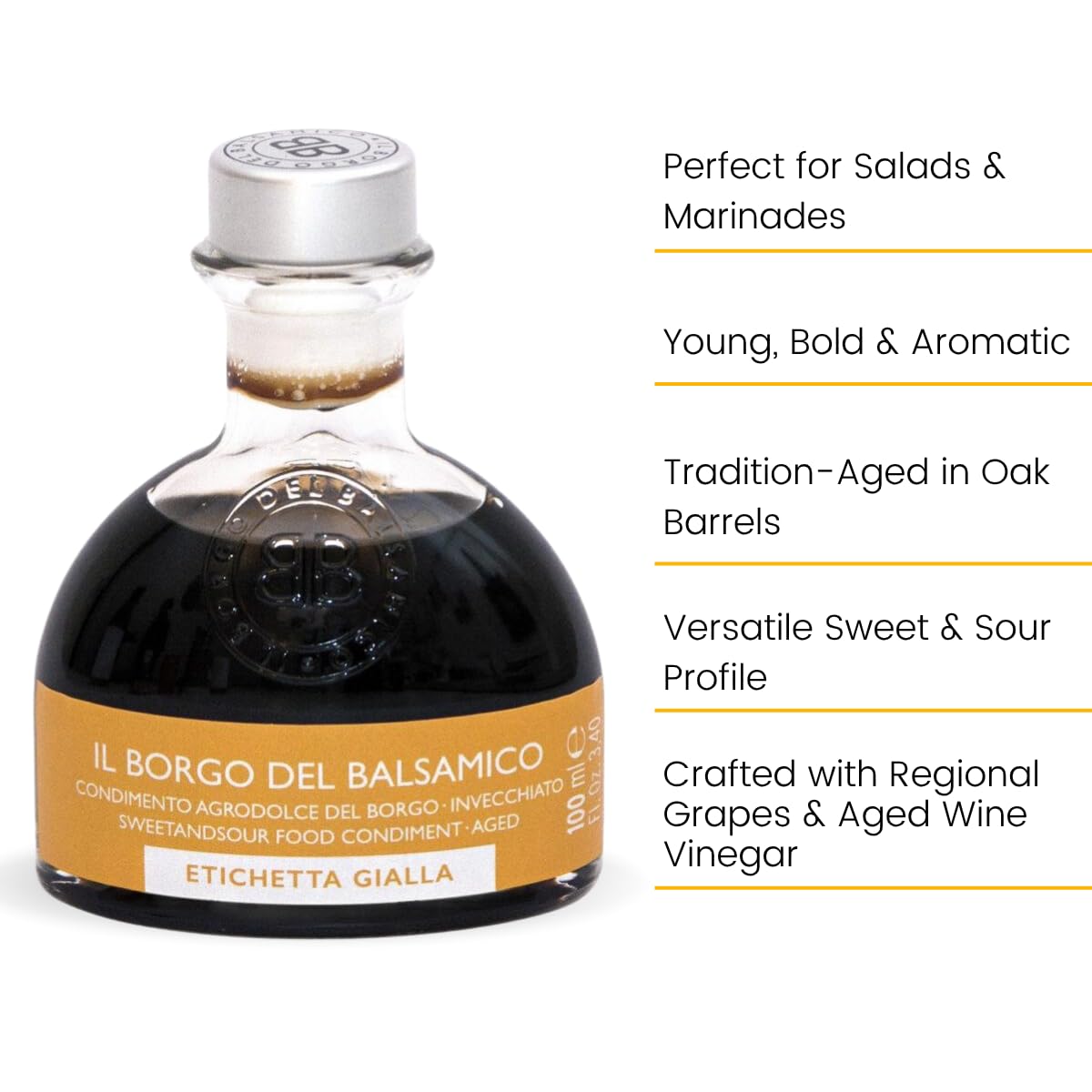 Bottle of Il Borgo Del Balsamico with text about its uses and characteristics on a white background
