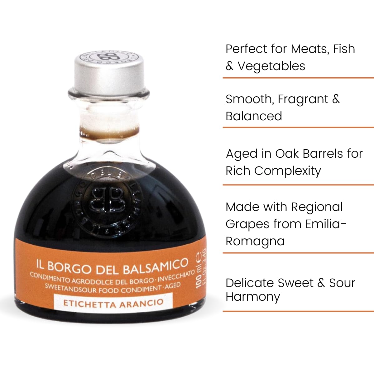 Balsamic vinegar bottle with text describing its uses and characteristics on a white background