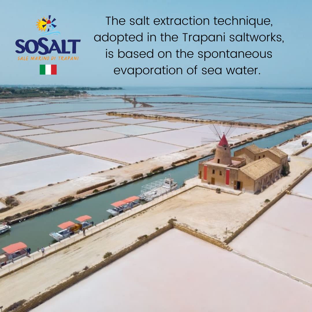Salt extraction technique at Trapani saltworks with Sosalt logo and text.