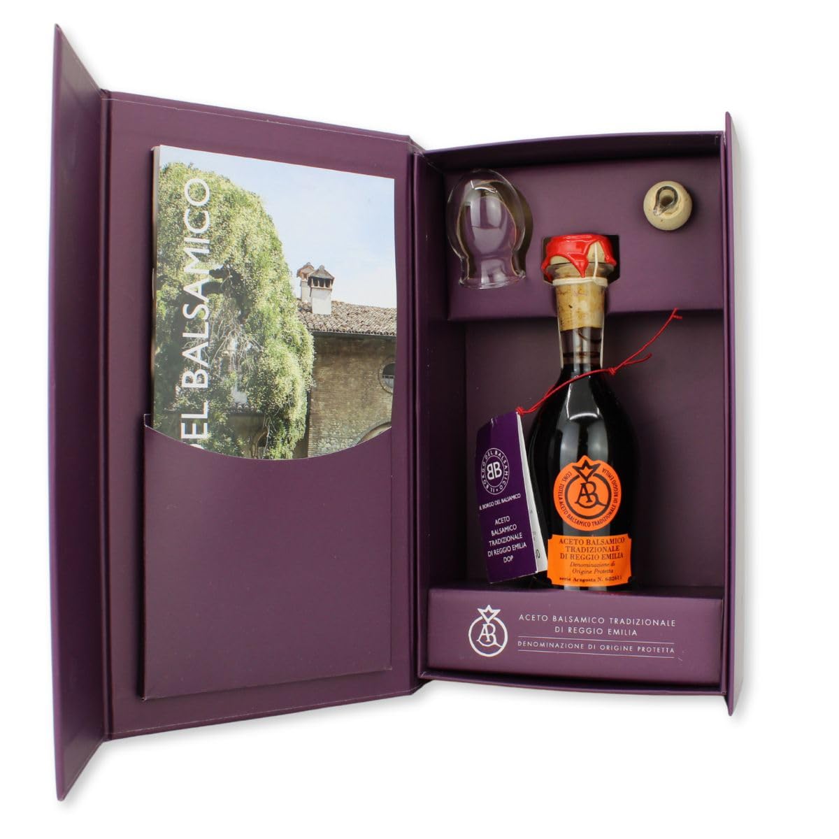 Balsamic vinegar bottle with a purple box on a white background