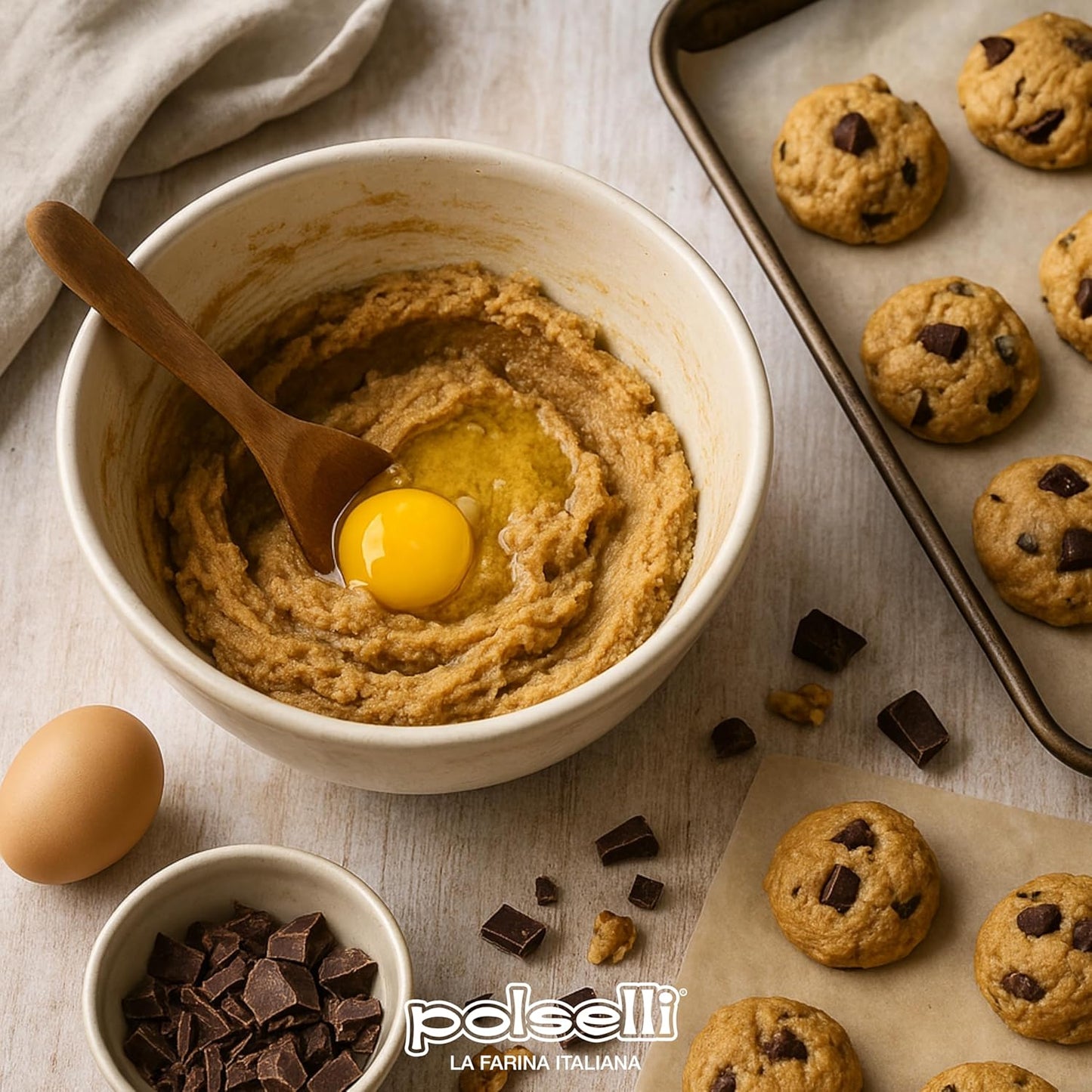 Bowl of cookie dough with egg yolk, chocolate chips, and cookies on a baking sheet.