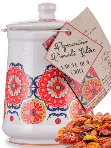 Artigiani dei Sapori, Dried Whole Hot Chili Peppers in Italian Handmade Ceramic Jar, Herbs, Spice & Seasoning Gifts, Spice Jars with Spices included