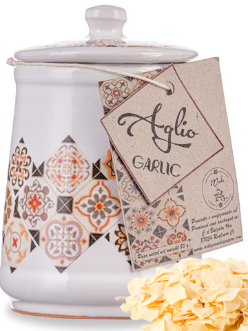 Artigiani dei Sapori, Italian Dried Garlic, Granules in Italian Handmade Ceramic Jar, Herb, Spice & Seasoning Gifts, Spice Jars with Spices included