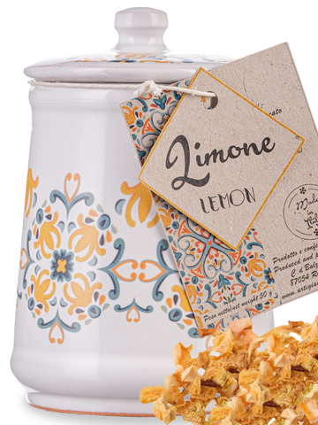 Artigiani dei Sapori, Italian Lemon Peel, Granules in Italian Handmade Ceramic Jar, Lemon Zest and Rind, Herb, Spice & Seasoning Gifts