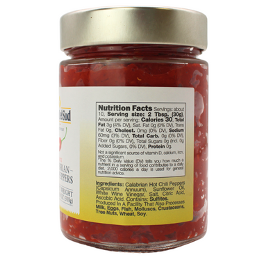 LOro Del Sud, Certified Authentic, Sliced, Chopped, Calabrian Chili Peppers 9.8 oz (280 g), Italian, Peperoncini Calabrese