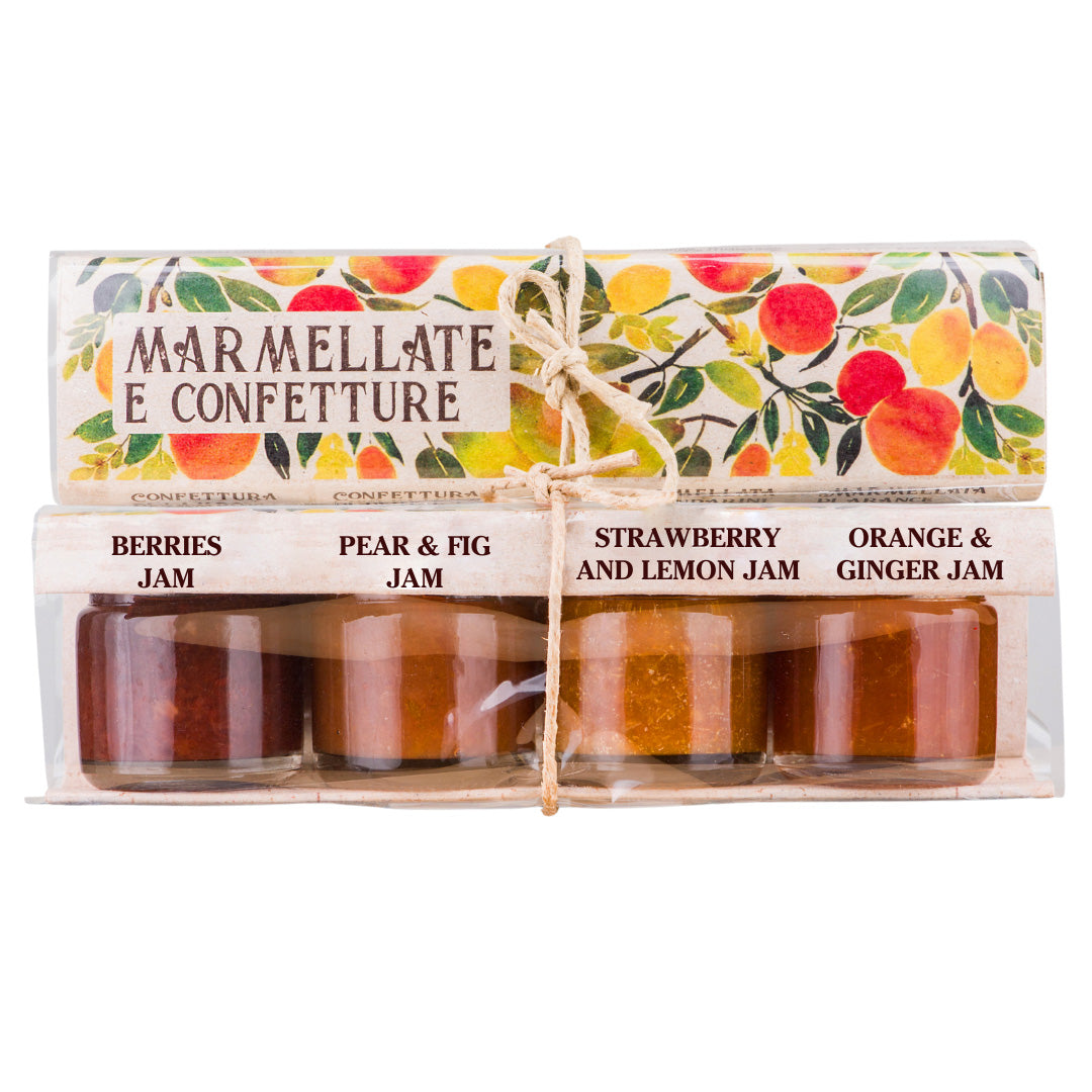 Artigiani dei Sapori 4-pack marmalade jam set with berries, pear and fig, strawberry lemon, and orange ginger flavors tied with rustic string