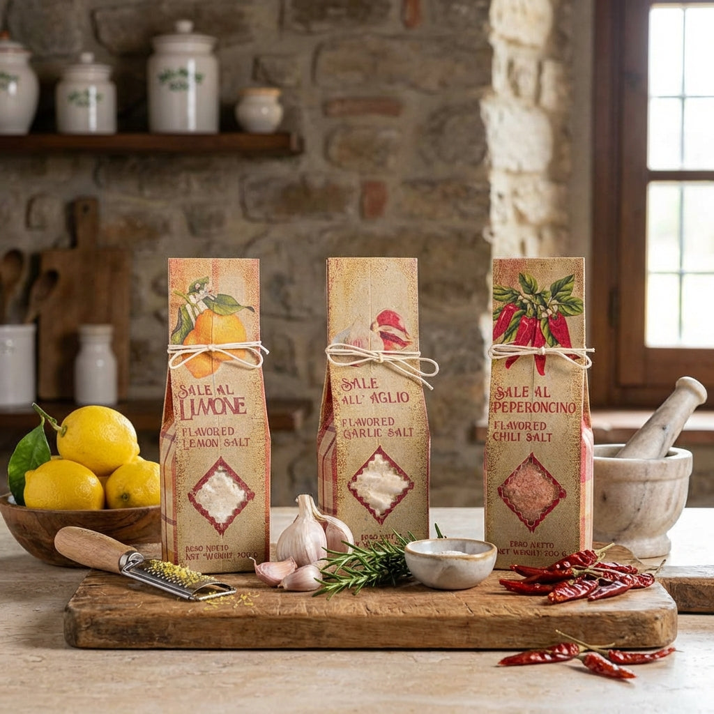 Three packages of flavored salt on a wooden cutting board with kitchen items in the background.