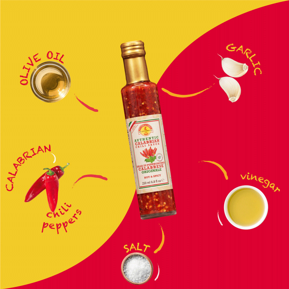 Bottle of Calabrian chili pepper sauce with ingredients on a yellow and red background