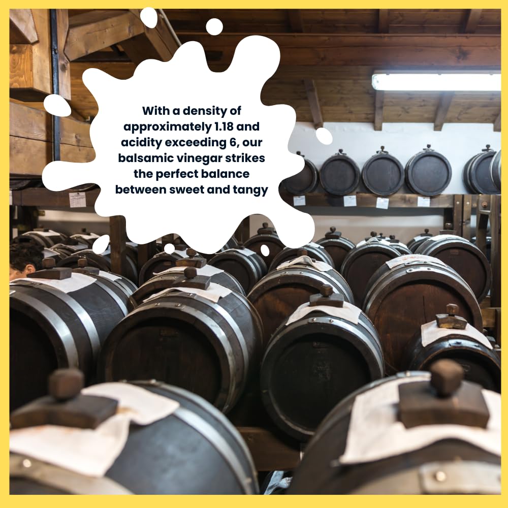 Perfectly balanced between sweet and tangy, with density 1.18 and acidity >6. Aged in wooden barrels in Modena for gourmet perfection.