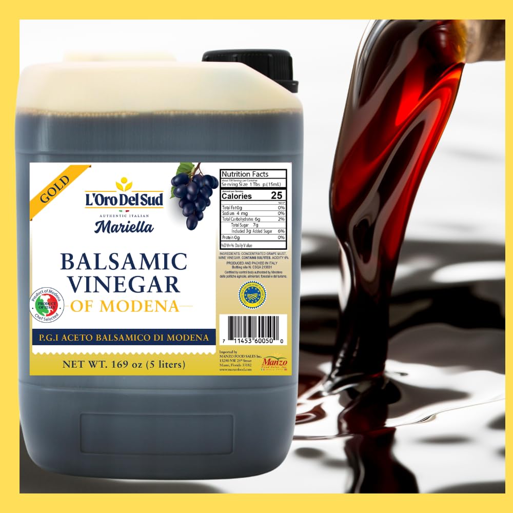 L’Oro Del Sud Mariella Gold Balsamic Vinegar of Modena, P.G.I. certified, aged 8 years, in a 5-liter container with gold award seal and nutrition facts label
