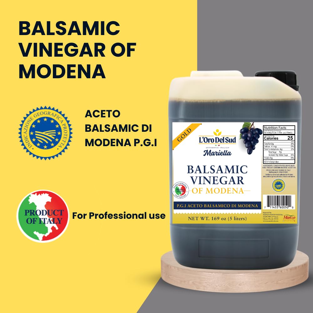 L’Oro Del Sud Mariella Gold Balsamic Vinegar of Modena, P.G.I. certified, aged 8 years, in a 5-liter container with gold award seal and nutrition facts label