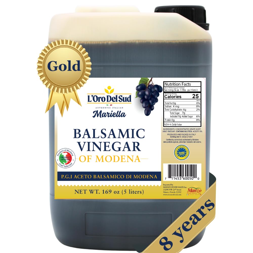L’Oro Del Sud Mariella Gold Balsamic Vinegar of Modena, P.G.I. certified, aged 8 years, in a 5-liter container with gold award seal and nutrition facts label