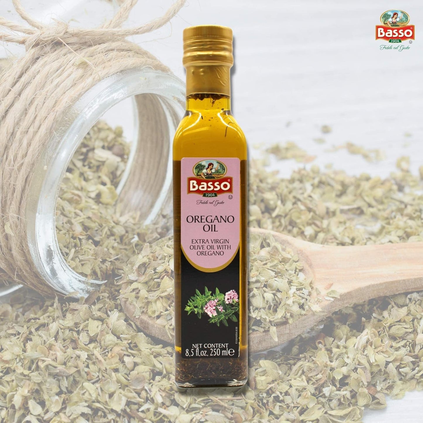 Basso 1904 rosemary infused extra virgin olive oil 8.5 fl oz 250 ml bottle with fresh rosemary herb on a white background