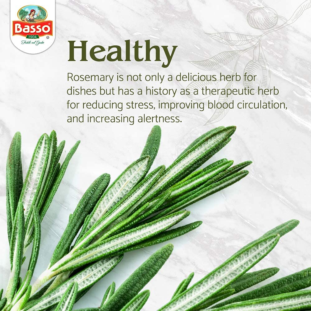 Fresh rosemary sprigs on marble background with Basso 1904 logo and health benefits text about stress relief and circulation