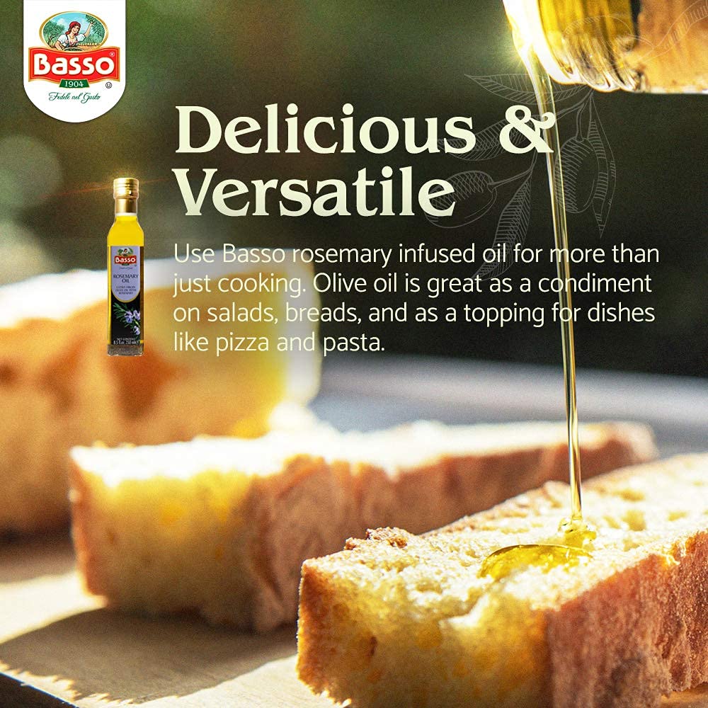 Basso rosemary infused olive oil poured over bread slices with text highlighting versatility for salads, pizza, pasta, and cooking