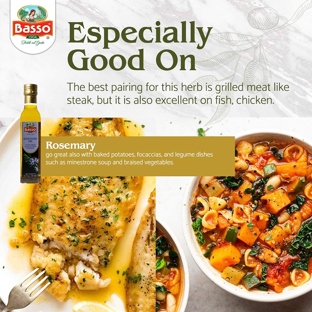 Basso rosemary infused olive oil pairing with grilled fish, chicken, baked potatoes, focaccia, and minestrone soup