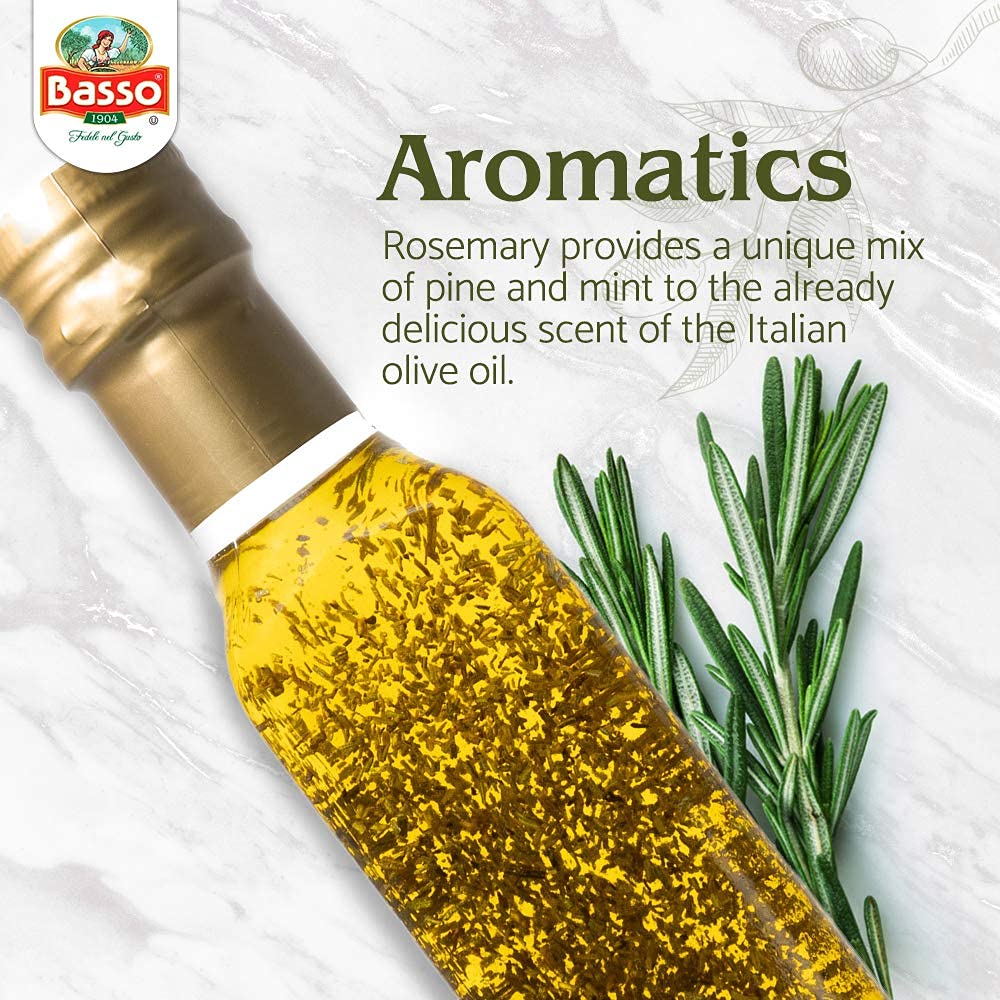 Basso rosemary infused olive oil bottle highlighting aromatic blend of pine and mint notes with fresh rosemary sprigs