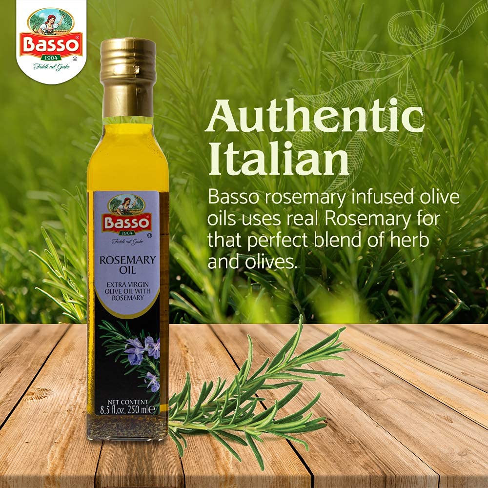 Basso rosemary infused extra virgin olive oil bottle on wooden surface with fresh rosemary background and Authentic Italian text