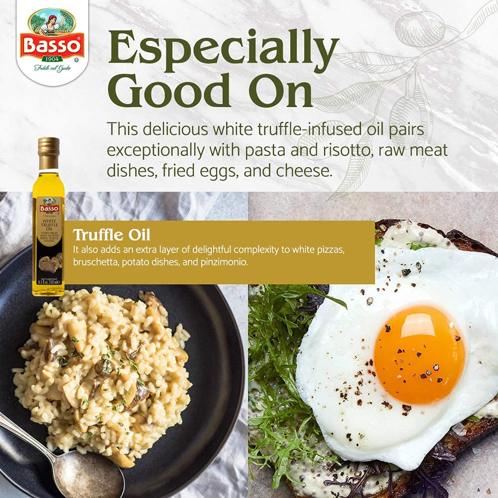 Promotional image of Basso White Truffle Extra Virgin Olive Oil bottle alongside dishes of creamy mushroom risotto and toast with fried egg, highlighting its pairing with pasta, risotto, meat, cheese, potatoes, and pizzas.