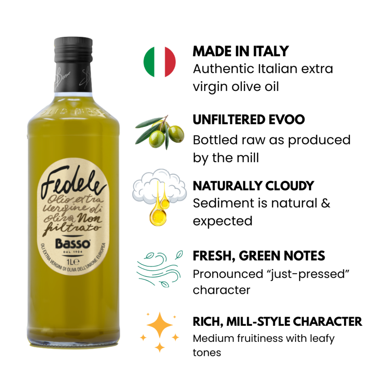 Basso 1904 Unfiltered Extra Virgin Olive Oil – Raw Italian EVOO – 33.8 fl oz (1 L)