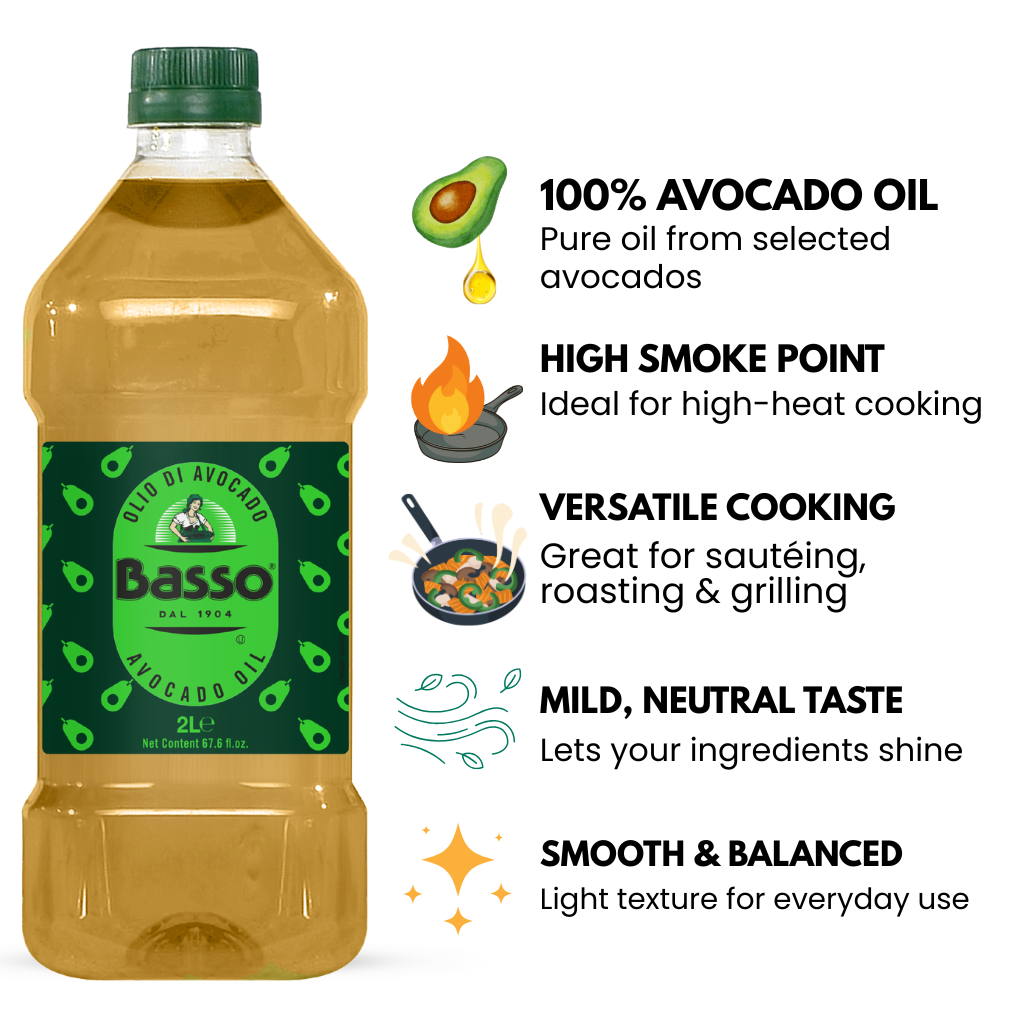 Bottle of Basso avocado oil with features listed on a white background