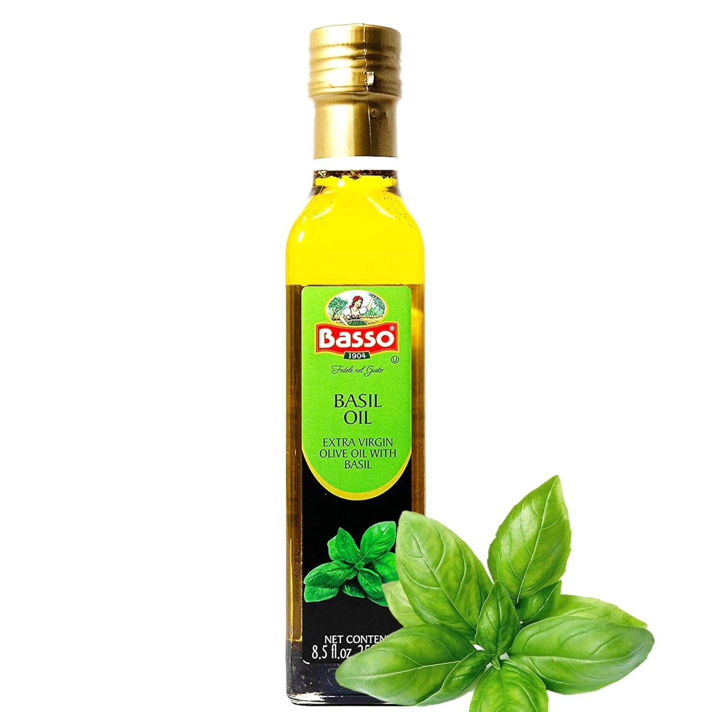 Bottle of Basso 1904 Basil Infused Extra Virgin Olive Oil, 8.5 fl oz (250 ml), premium Italian gourmet olive oil infused with fresh basil, ideal for pasta, salads, vegetables, bread, dipping, marinating, and cooking, non-GMO, gluten-free, vegan-friendly