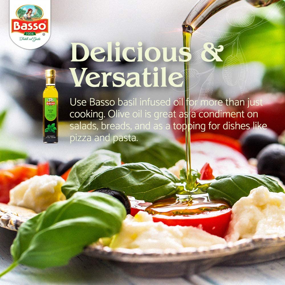 Bottle of Basso 1904 Basil Infused Extra Virgin Olive Oil, 8.5 fl oz (250 ml), premium Italian gourmet olive oil infused with fresh basil, ideal for pasta, salads, vegetables, bread, dipping, marinating, and cooking, non-GMO, gluten-free, vegan-friendly