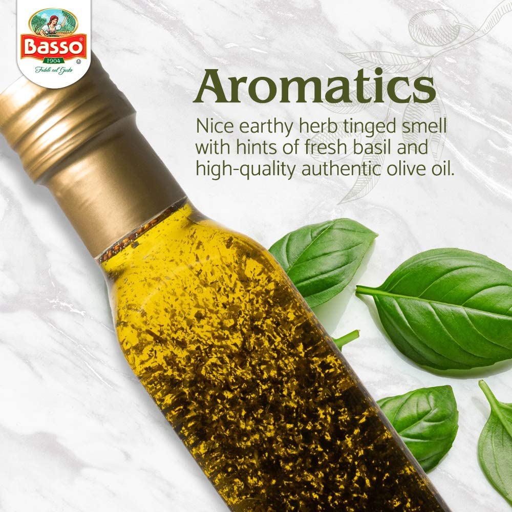 Bottle of Basso 1904 Basil Infused Extra Virgin Olive Oil, 8.5 fl oz (250 ml), premium Italian gourmet olive oil infused with fresh basil, ideal for pasta, salads, vegetables, bread, dipping, marinating, and cooking, non-GMO, gluten-free, vegan-friendly