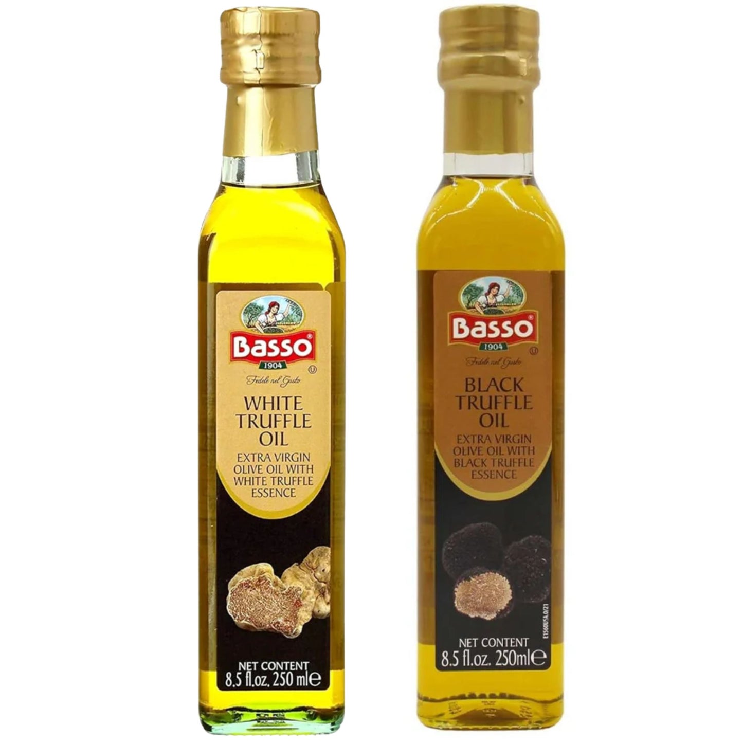 Basso 1904 Black and White Truffle Infused Extra Virgin Olive Oil set – two 250 ml bottles of premium Italian EVOO with black truffle and white truffle essence.