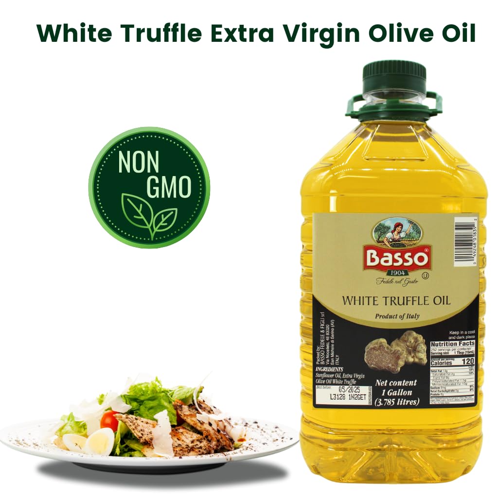 Basso 1904 White Truffle Infused Extra Virgin Olive Oil – 1 gallon (3.785 liters) bulk bottle, non-GMO, premium Italian EVOO with white truffle essence, ideal for gourmet cooking and foodservice.