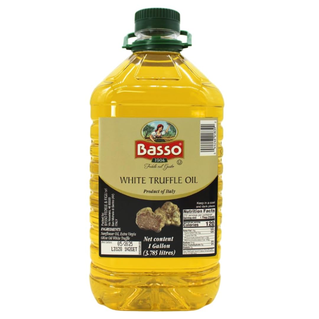 Basso 1904 White Truffle Infused Extra Virgin Olive Oil – 1 gallon (3.785 liters) bulk bottle, premium Italian EVOO with white truffle essence for gourmet cooking and foodservice.