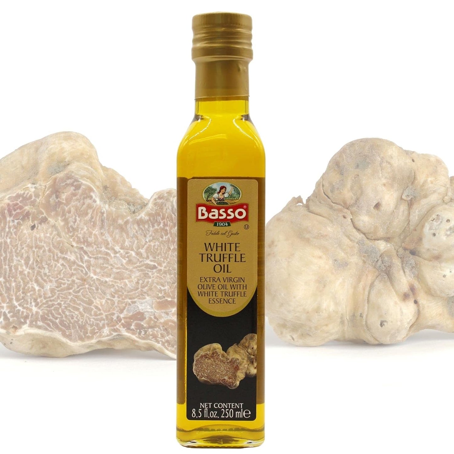 Basso 1904 White Truffle Infused Extra Virgin Olive Oil – premium Italian EVOO with white truffle essence in 250 ml glass bottle.