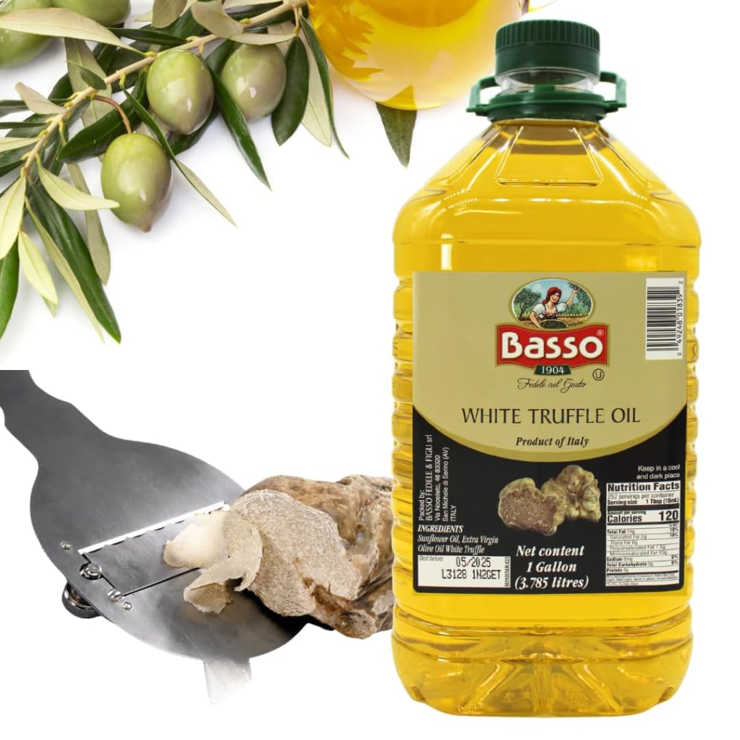 Basso 1904 White Truffle Oil – 1 gallon (3.785 liters) Italian gourmet infused olive oil, displayed with fresh olives and sliced white truffle, premium bulk container for culinary use.