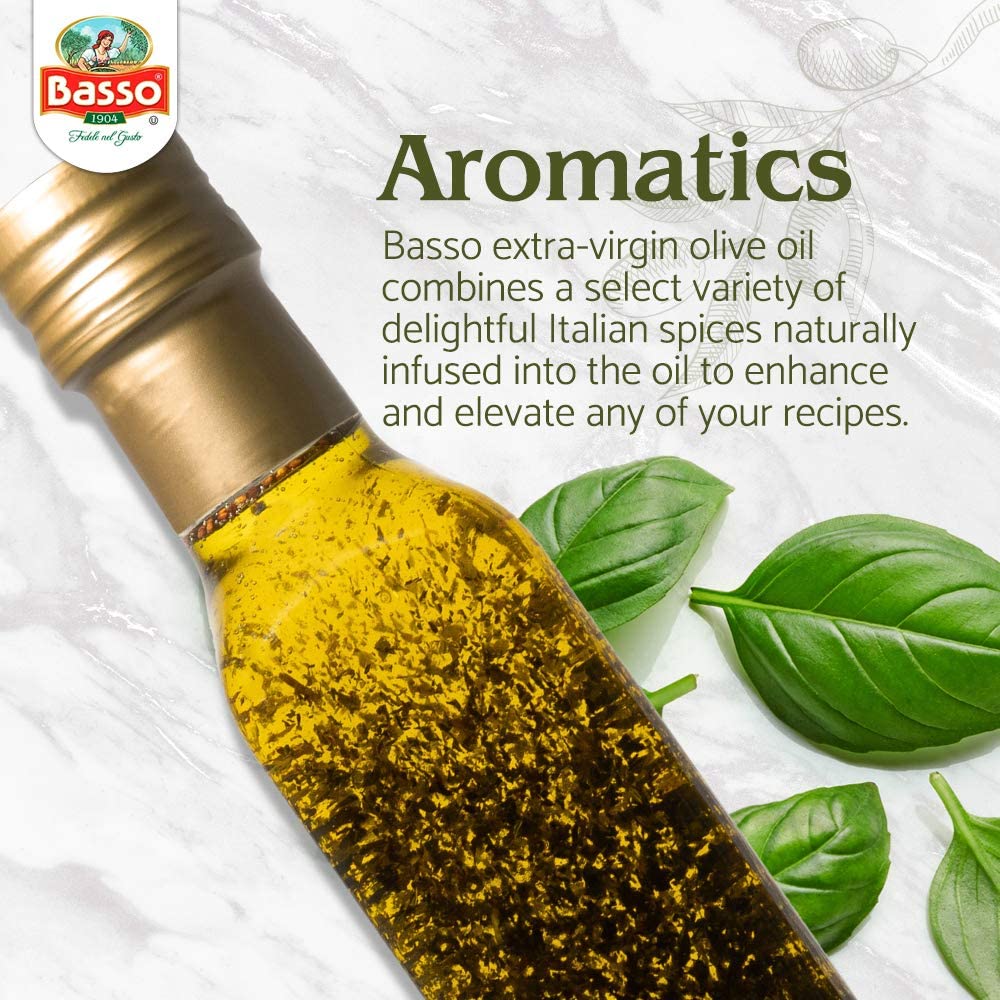 Basso extra virgin olive oil infused with Italian spices for aromatic flavor, bottle with fresh basil leaves.