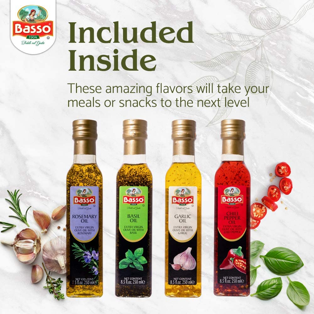 Basso flavored olive oil set with rosemary, basil, garlic, and chili pepper, 250ml bottles with fresh ingredients.