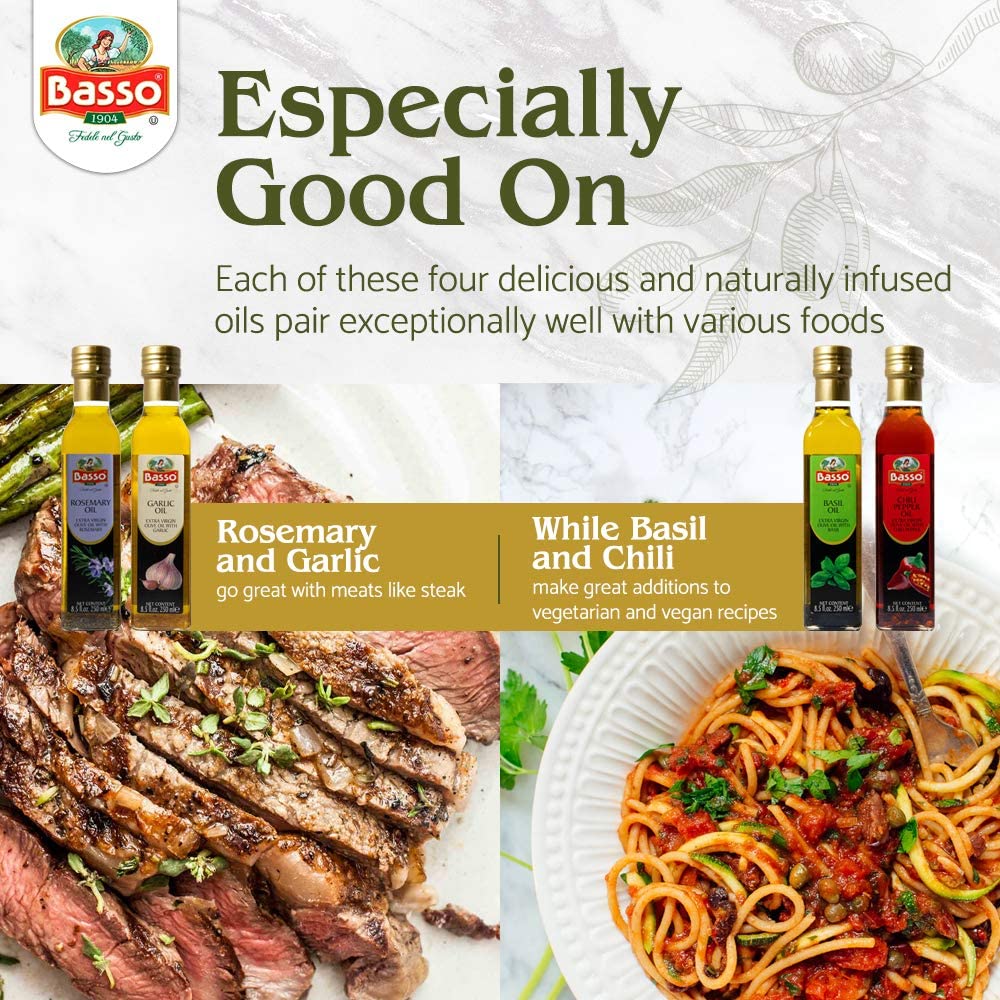 Basso flavored olive oils with rosemary, garlic, basil, and chili, paired with steak and pasta dishes.