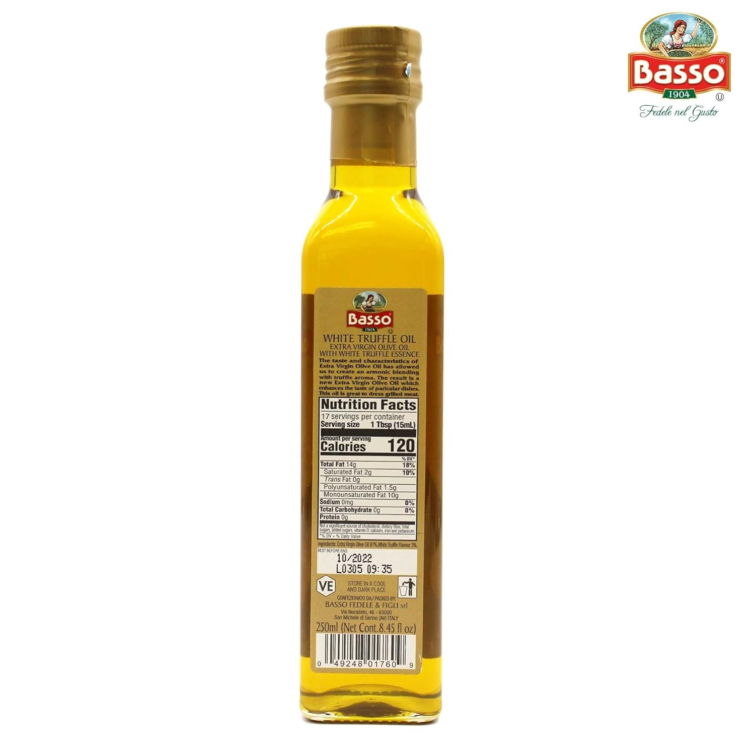 Back label of Basso White Truffle Infused Extra Virgin Olive Oil 250ml bottle showing nutrition facts and product details.