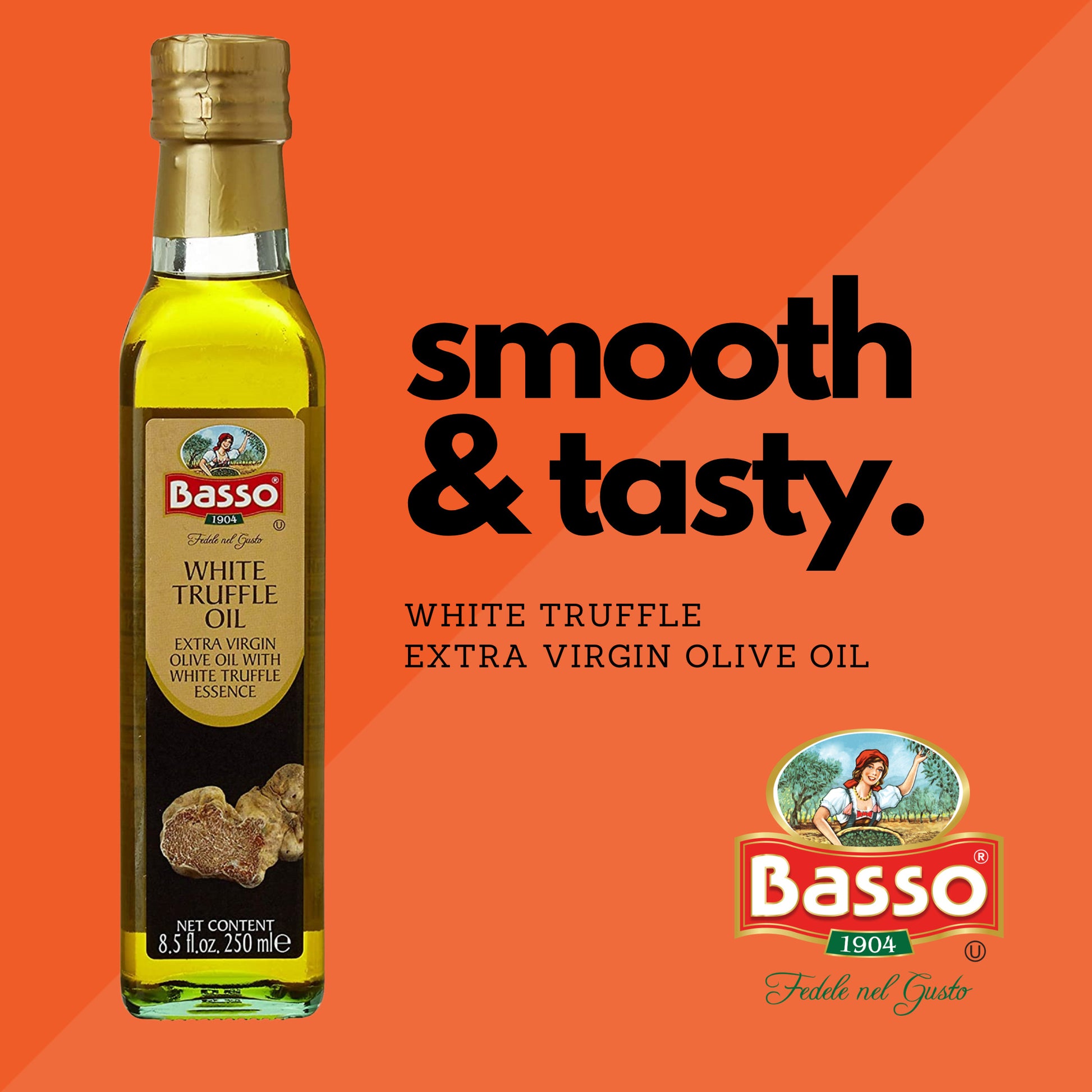 Basso White Truffle Infused Extra Virgin Olive Oil 250ml bottle on orange background with text smooth & tasty and Basso 1904 logo.