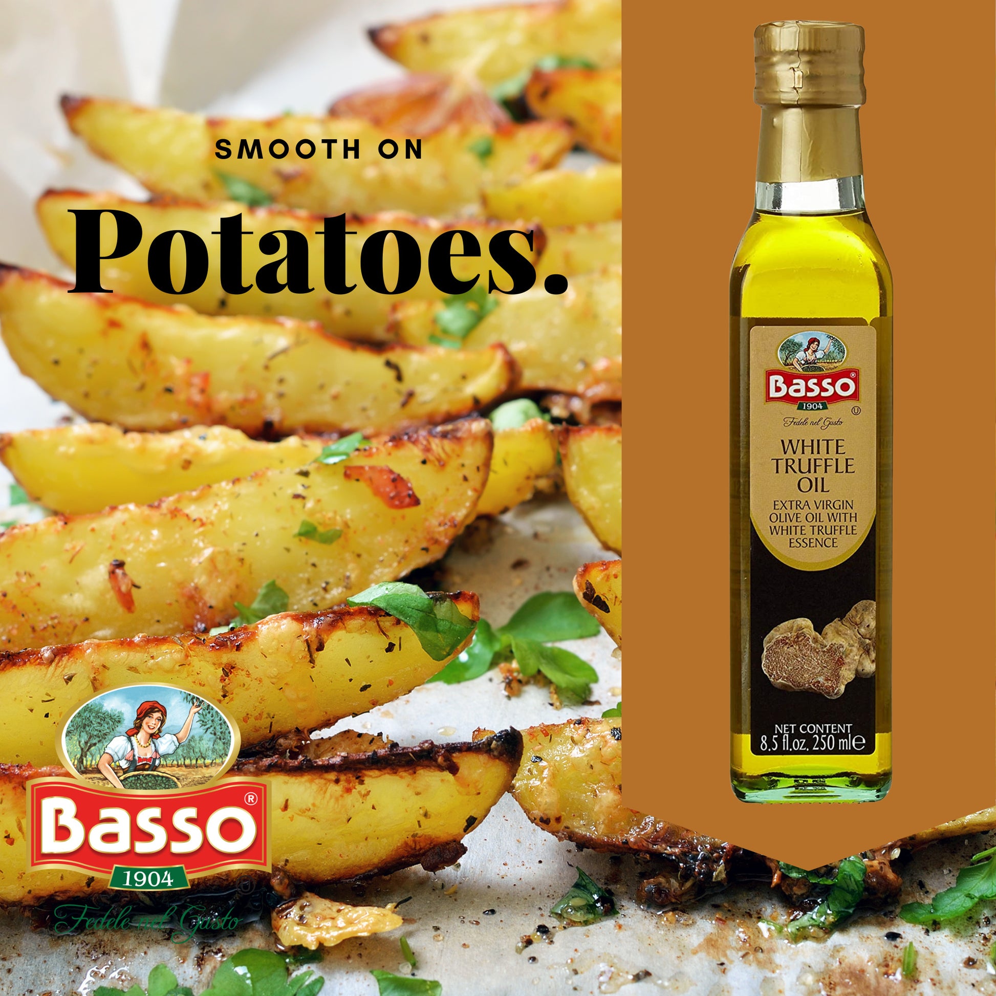 Basso White Truffle Infused Extra Virgin Olive Oil 250ml bottle with roasted potato wedges background and text Smooth on Potatoes.