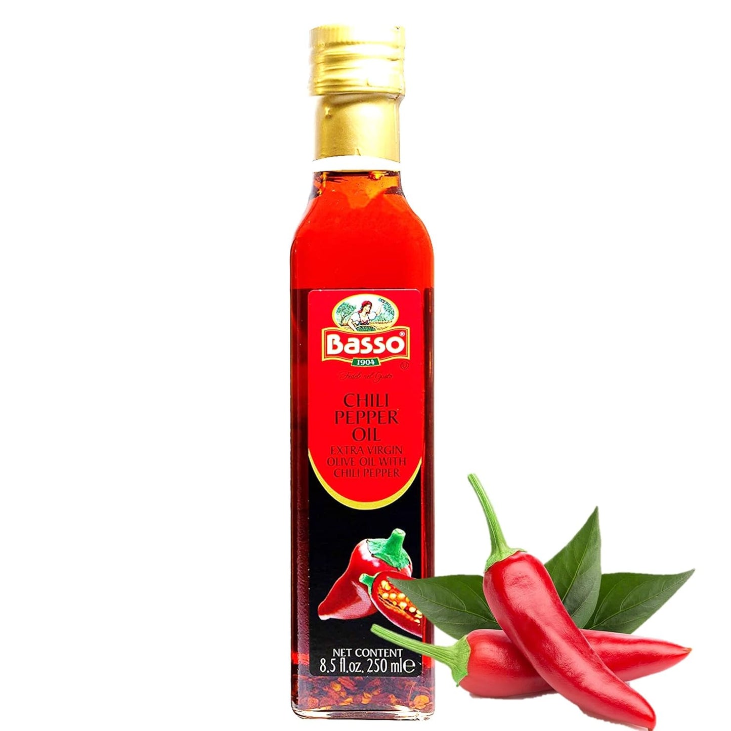 Basso 1904 Spicy Chili Infused Extra Virgin Olive Oil 8.5 fl oz (250 ml) – premium Italian EVOO with bold chili pepper flavor, perfect for pizza, pasta, seafood, vegetables, marinades, and Mediterranean cooking.