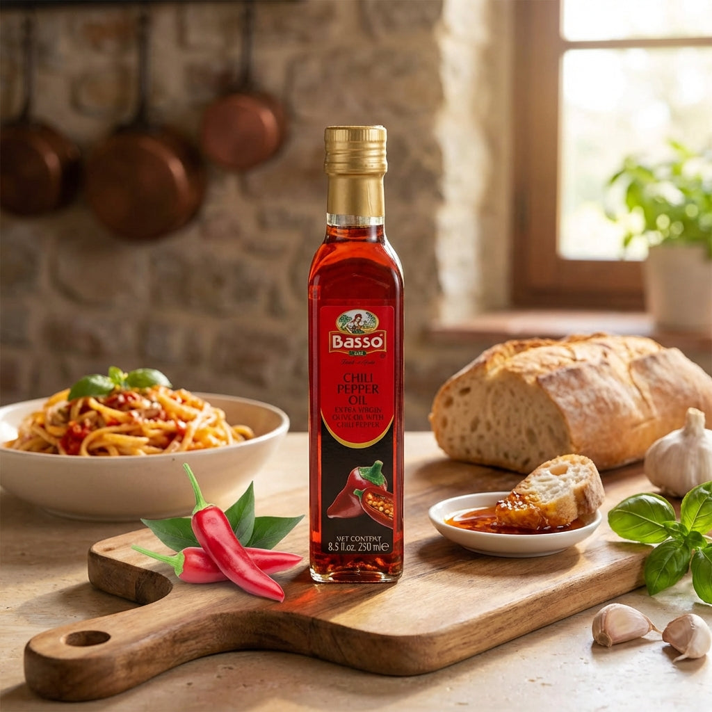 Basso chili pepper extra virgin olive oil with pasta and bread