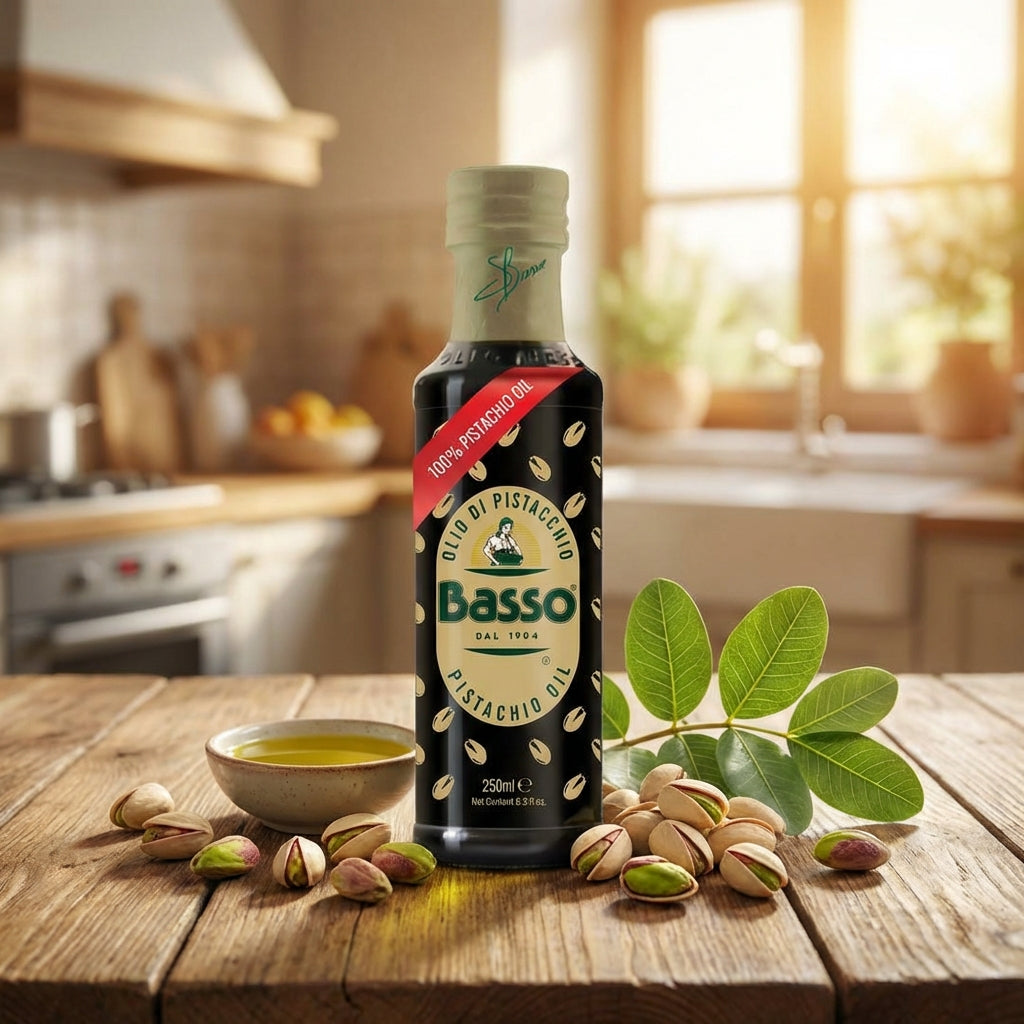 Basso 100% pistachio oil bottle with pistachios on wooden table