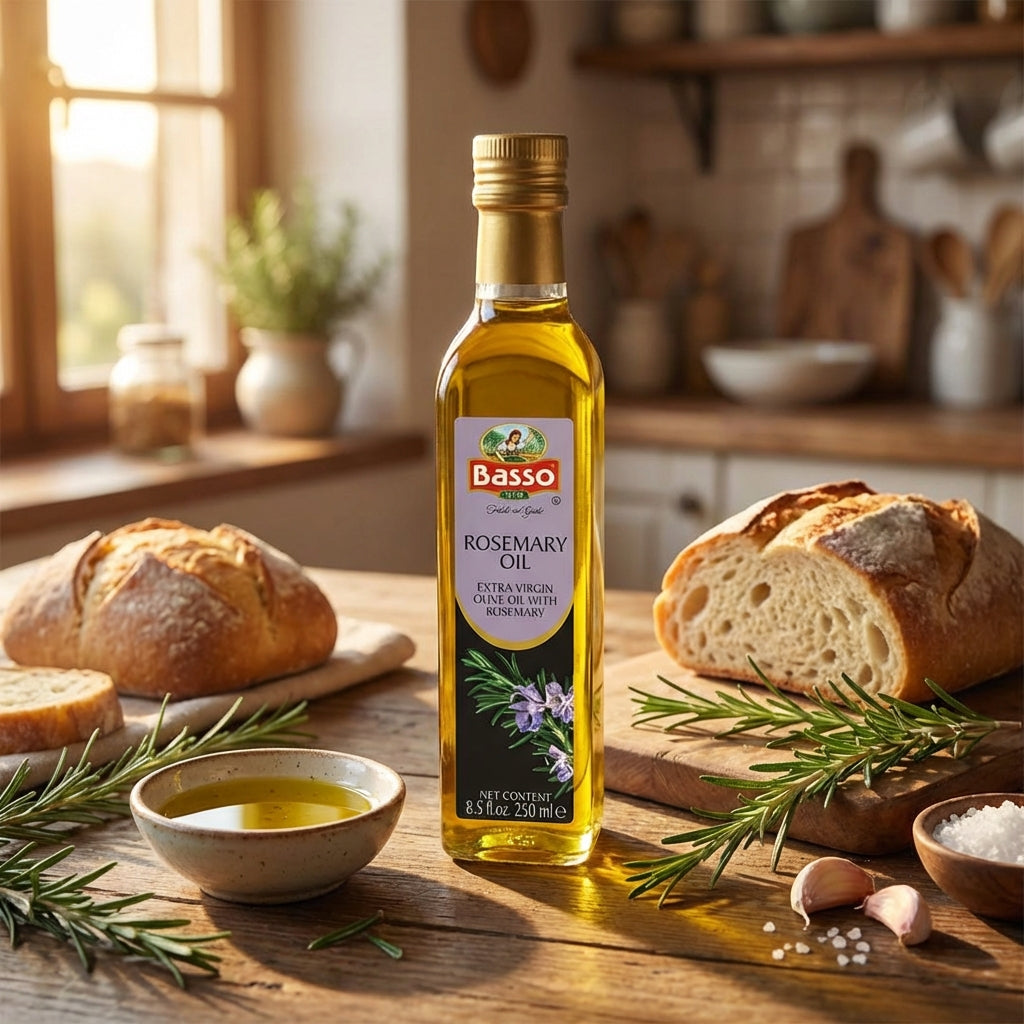 Basso rosemary extra virgin olive oil bottle with bread and rosemary