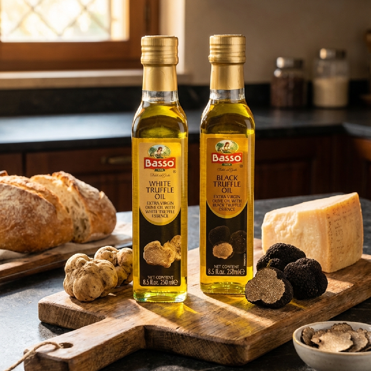 Basso white and black truffle extra virgin olive oil bottles