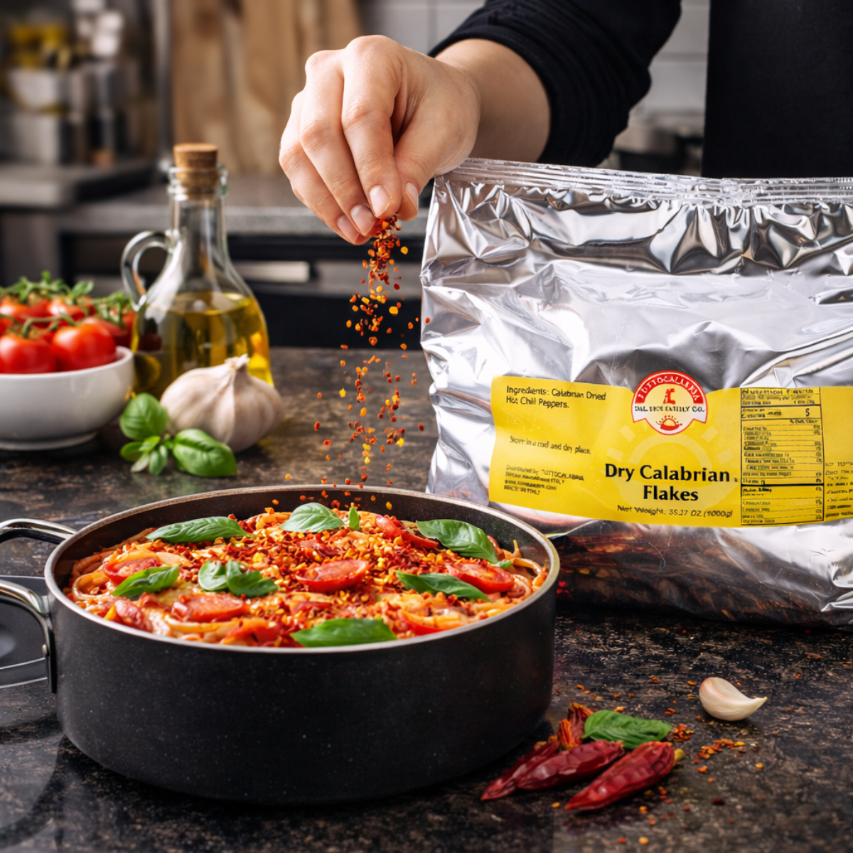 Authentic Calabrian hot chili flakes from Italy. Bold, spicy crushed peppers perfect for pizza, pasta, sauces, and seasoning