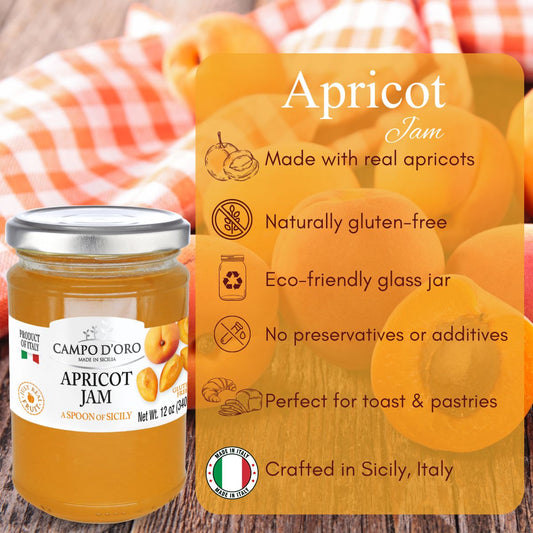 Jar of Campo d'Oro apricot jam with packaging on a wooden surface